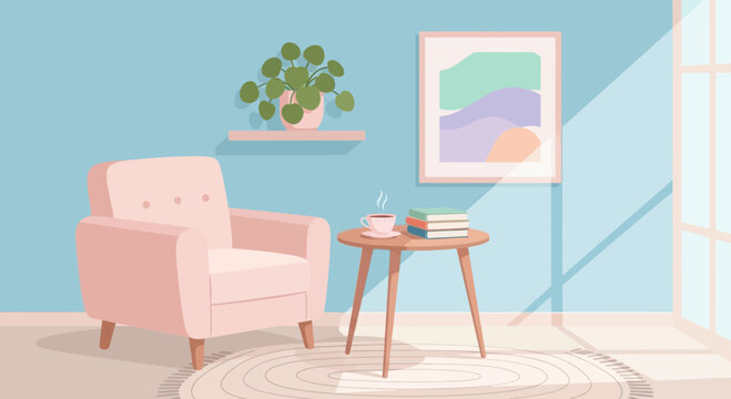 Cozy pastel living room corner with armchair, coffee, books, and abstract art