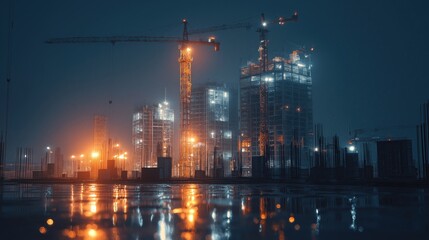 Fototapeta premium Nighttime city construction site with illuminated skyscrapers and cranes reflecting on wet ground.