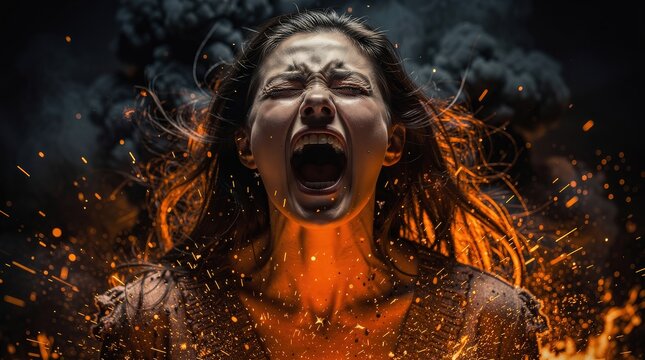 A woman screams in agony surrounded by fire and smoke, with sparks flying and her hair illuminated by the intense flames.