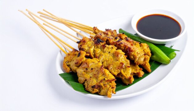 Sate kambing grilled lamb skewers with soy sauce, isolated on white background