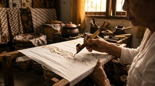 Elderly woman meticulously creating a traditional batik pattern on fabric with hot wax.