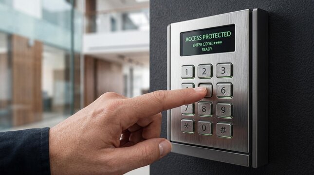 Person entering security code on a digital keypad lock for access control