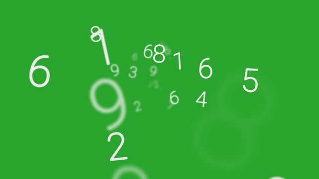 Floating numerical digits counting numbers animated on a green screen chroma key background.  professional superb alpha element effects flying style high cgi overlay transparent imagery animation