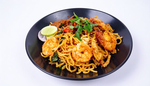 Mie aceh spicy noodle dish with seafood, isolated on white background
