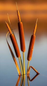 Vibrant cattails reflected in calm water at sunset