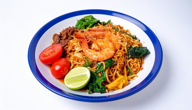 Mie aceh spicy noodle dish with seafood, isolated on white background
