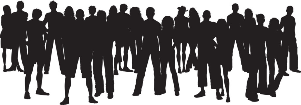 Vector illustration of an abstract background featuring a group of business people, a silhouette of a man in a suit leading his corporate team, and a crowd working together toward success