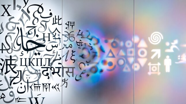 Abstract representation of communication and translation between different languages and symbols.