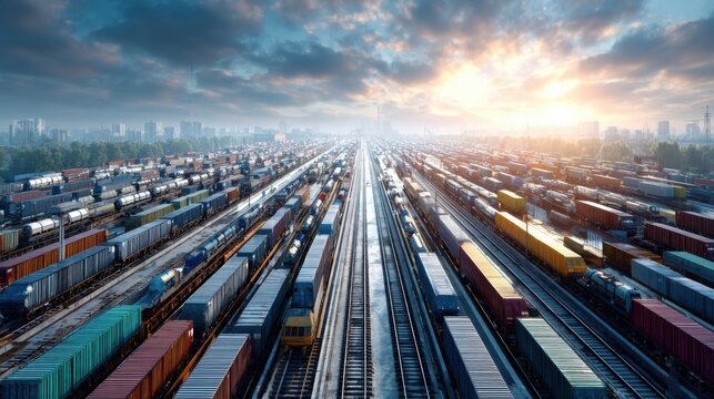 Vast Aerial View of Train Yard at Sunrise with Packed Freight Containers and Dramatic Sky Over Cityscape