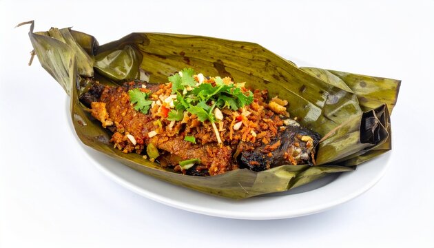 Pepes ikan wrapped banana leaf fish dish, isolated on white background