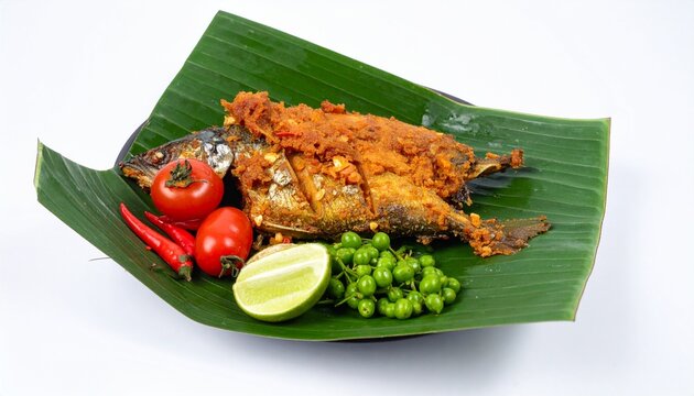 Pepes ikan wrapped banana leaf fish dish, isolated on white background