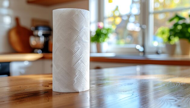 A single roll of white paper towels sitting on a wooden kitchen table.
