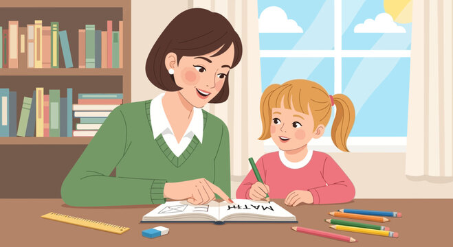 Teacher helping student with math homework at a desk with books and pencils
