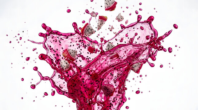 A vibrant magenta dragon fruit juice explosive splash with fruit pieces and liquid droplets suspended in dynamic motion against white.