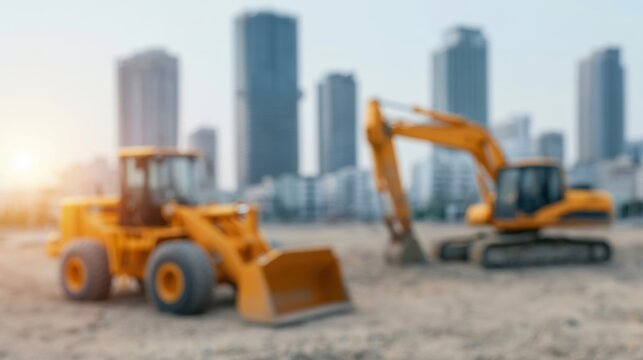 Blurred image of yellow heavy machinery on construction site with city skyline in background during bright daylight hour