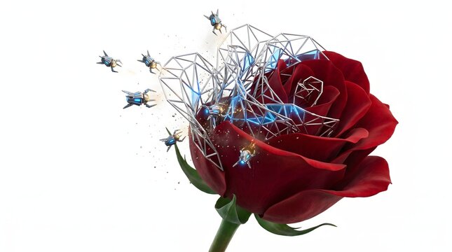 Futuristic technology merges with nature as robotic insects swarm a digital rose.