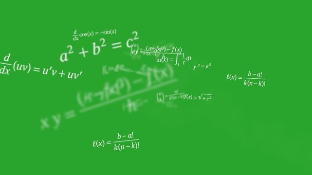 Quantum physics equations relativity formulas animated on a green screen chroma key background.  production computer useful best design epic 8k footage vfx elements art new high editing cgi