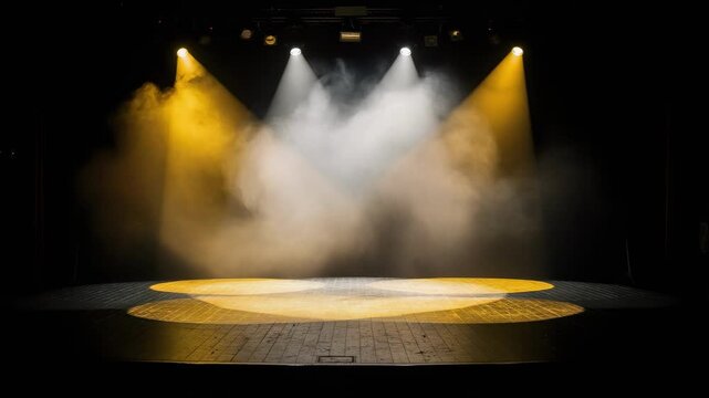 Dramatic stage with swirling smoke illuminated by bright yellow and white spotlights for live performance