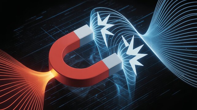 Modern electromagnetic field diagram showing magnetic lines around a bar magnet with glowing blue and red energy flow, designed as ultra-detailed scientific physics artwork.