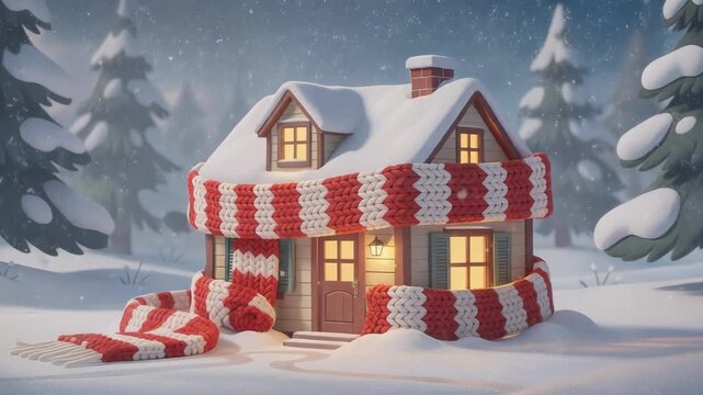 Cozy snow-covered house wrapped in giant red and cream striped knitted scarf glowing warmly at winter night