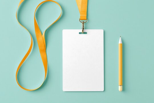 Blank white ID card hangs from a mustard-yellow strip against a soft background.