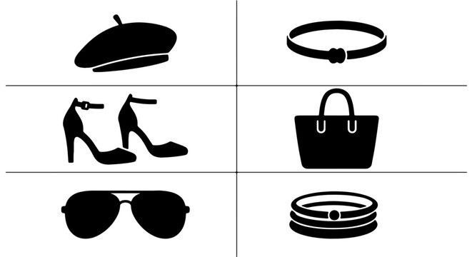 Fashion Accessories Vector Icons: Beret, Heels, Sunglasses, Belt, Handbag, Bangles. Chic Black & White Style for Style Guides, E-commerce, and Fashion Graphics.