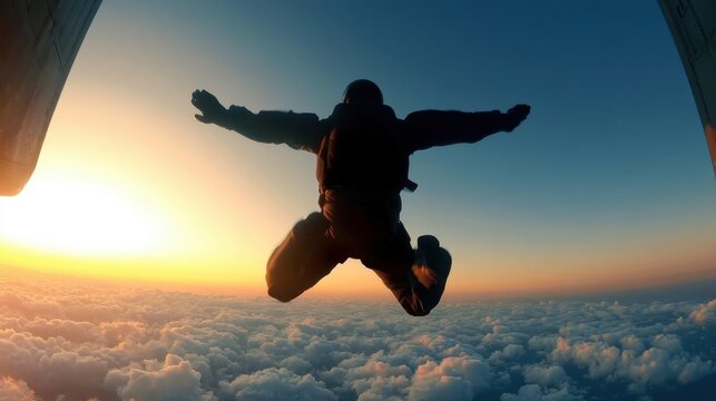 Skydiver jumping out of airplane at sunset above clouds silhouette of parachutist in freefall extreme sport adventure open air