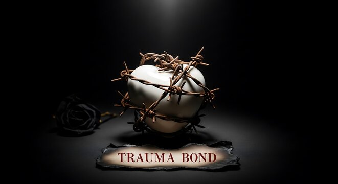 Broken egg with branches tied by rope showing trauma bond concept