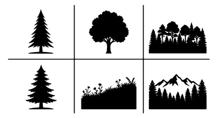 Forest and Mountain Silhouettes, Evergreen and Deciduous Trees, Wildflowers, Nature Landscape Vector Icons Set © Mominul