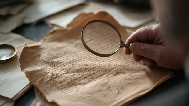 Close up of person holding magnifying glass examining old handwritten parchment paper on wooden table with vintage lens and blurred background