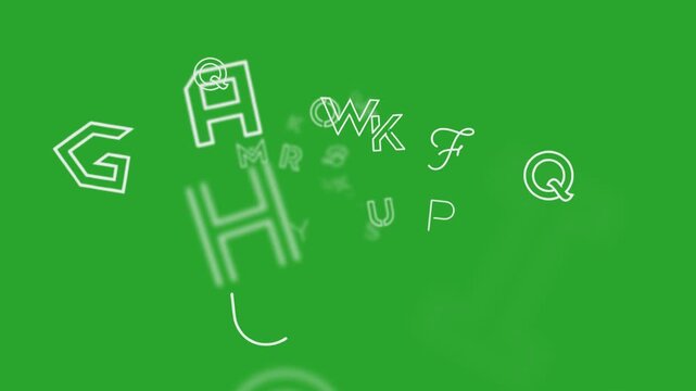 Outlined typography of english alphabet letters animated on a green screen chroma key background.  cool clean overlay computer cgi top studio for animation looping Seamless media professional hd pro