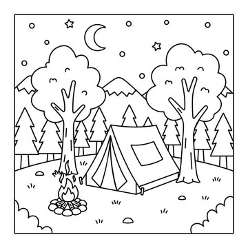 Camping site featuring a tent and warm bonfire in the forest at night for a peaceful coloring page