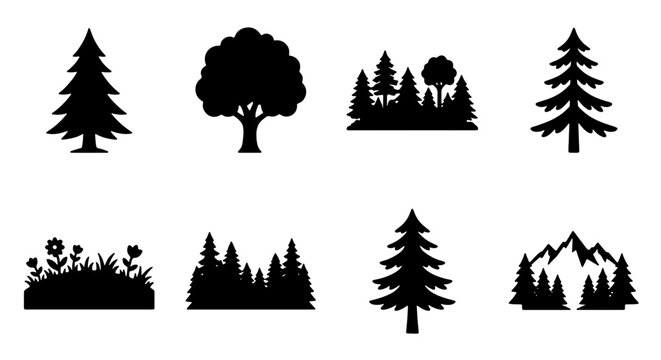 Forest Trees and Mountain Landscape Silhouettes, Nature Elements Vector Icons for Outdoor Design, Evergreen and Deciduous Woodland Scenes