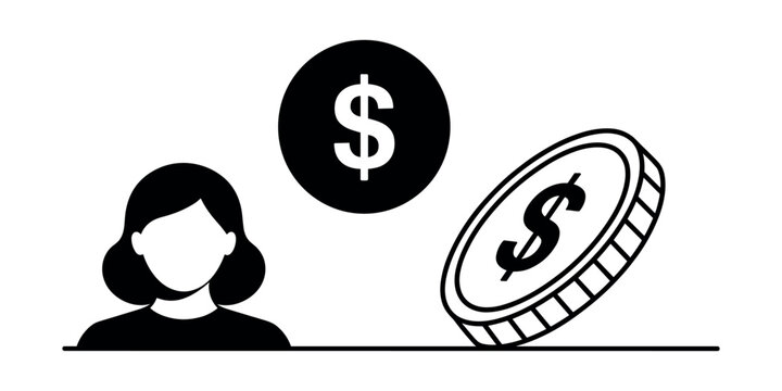 Black and white of woman with dollar coin and symbol faceless silhouette in white background