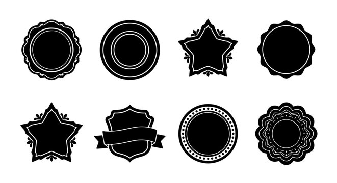 Set of 8 Black Decorative Emblems, Vintage Seals, Retro Badges, Ornate Labels, Circular and Star Shapes, Vector Graphic Elements for Design