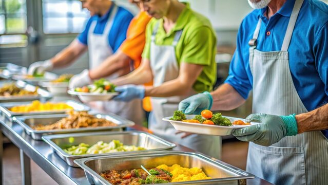 An unrecognizable volunteer puts nutritious food on a plate in a modern charity canteen high quality photo