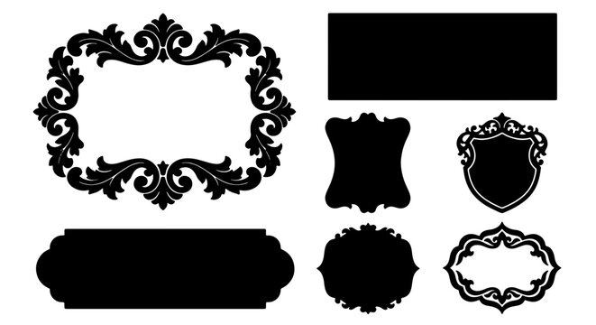 Ornate Vintage Frames Collection, Decorative Baroque Borders Set, Elegant Victorian Emblems, Black Vector Graphic Elements for Design