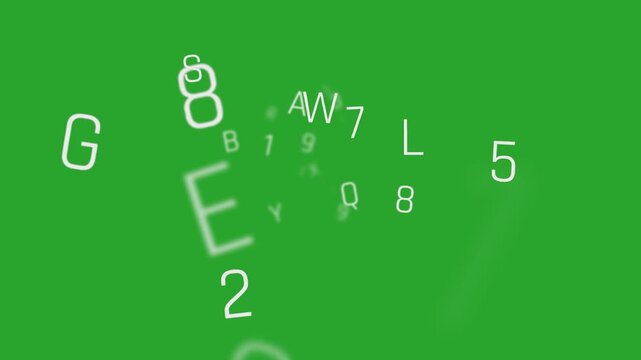 Mixed alphanumeric english letters numbers animated on a green screen chroma key background.  art clip compositing texture visual style quality new hd epic stock assets abstract looping channel