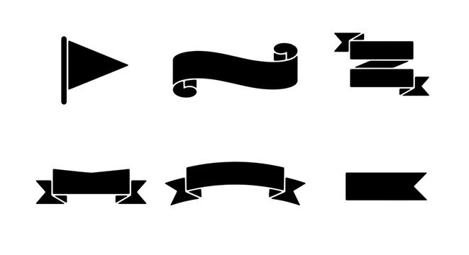 Black Vector Banners and Flags Set, Decorative Ribbons and Labels for Design, Graphic Elements Collection