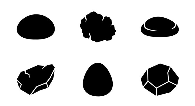 Six diverse rock and stone silhouettes, natural geological formations, mineral shapes, isolated vector elements for design