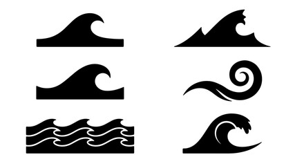 Set of six stylized black wave icons, representing ocean, sea, and water movement, perfect for nautical themes and summer designs. © Shohidul