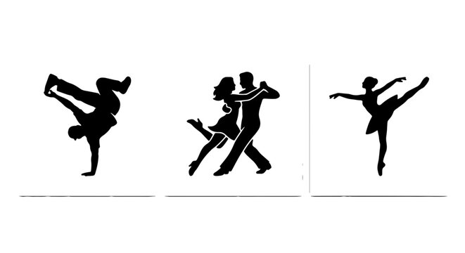 Diverse Dance Styles Vector Silhouettes: Breakdance, Ballroom Couple, Ballet Dancer, Dynamic Movement, Performance Art, Celebration Graphics