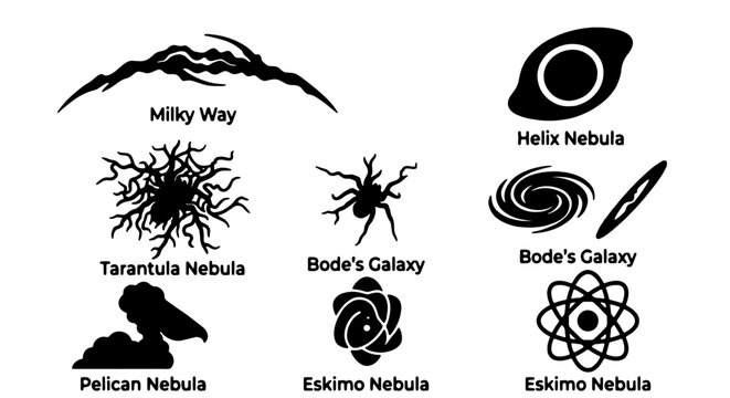 Cosmic Nebulae and Galaxies Vector Icons: Milky Way, Tarantula, Helix, Bode's, Pelican, Eskimo, and Abstract Celestial Bodies, Scientific Space Illustrations