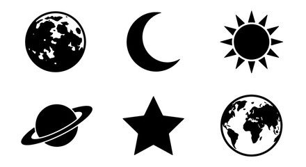Celestial Icons Set: Moon, Crescent, Sun, Saturn, Star, Earth Vector Graphics for Astronomy, Space, and Cosmic Themes © Shohidul
