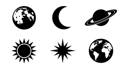 Celestial Icons: Solar System & Cosmic Elements, Earth, Moon, Sun, Saturn, Starburst, Black & White Vector Graphics for Astronomy and Space Themes © Shohidul