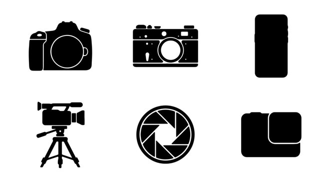 Photography and Videography Icons: DSLR, Vintage Camera, Smartphone, Camcorder, Aperture, Action Camera Vector Set