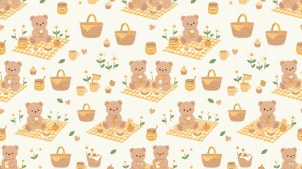 Seamless pattern featuring playful orange cats with teapots and cups in a cozy kitchen motif. © pixmastock