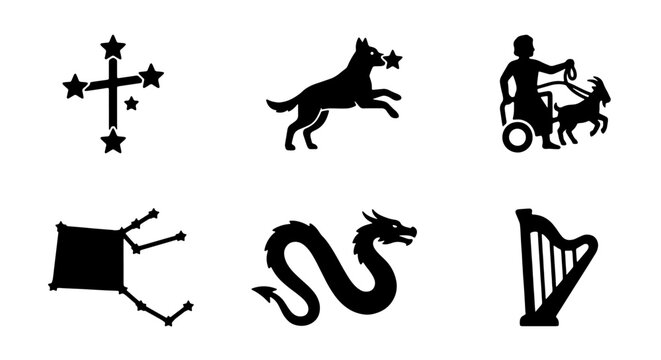 Mythological Creatures and Symbols Vector Icons Set: Dragon, Dog, Harp, Constellation, Chariot, Kite - Ancient Lore and Fantasy Graphics