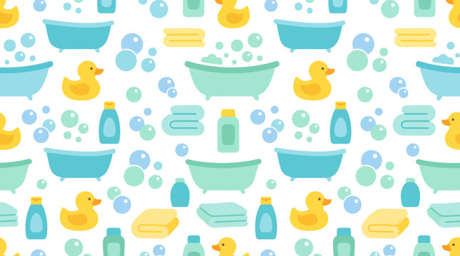 Playful Bath Time Pattern with Rubber Ducks and Towels in Bright Colors.