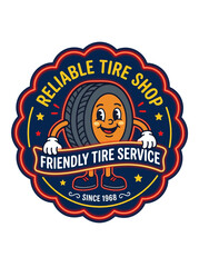 Fototapeta premium Friendly tire service illustration of a smiling cartoon tire character holding a banner in a vintage-style neon sign